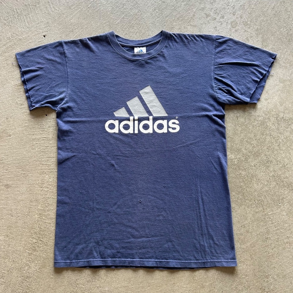 Vintage 90s Adidas Shirt Size Medium Navy Blue Big Logo USA Made